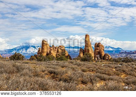 View On Mount Waas In Utah From Arches National Park In Winter
