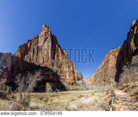 Impression From Virgin River Walking Path In The Zion National Park In Winter