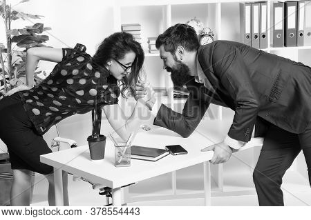 Equal Rights. Feminism Concept. Business Competition. Business Leadership. Man And Woman Tense Faces