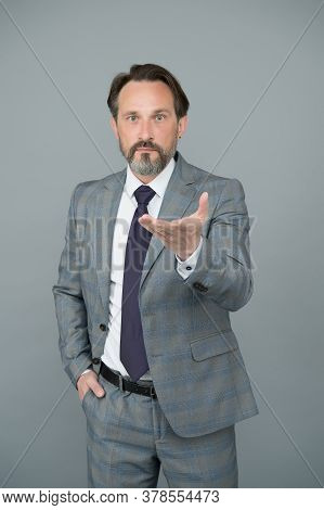 Come For Job. Senior Employee Grey Background. Professional Employee In Formalwear. Company Employer