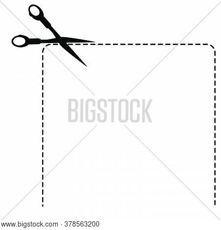 Sign Cut Here, Using Scissor, Half Of Squarea Shape, Isolated On White.