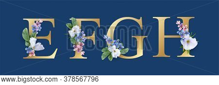Floral Font. Letters E, F, G And H. Wedding Alphabet. Initials With Realistic Botanical Elements
