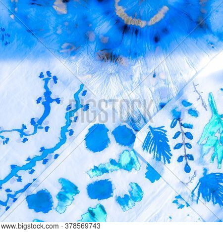 Cold Batik Patchwork. Marine Ice Motif. Batik Marine Frost Motif. Denim Frost Shibori Textile. Sky O