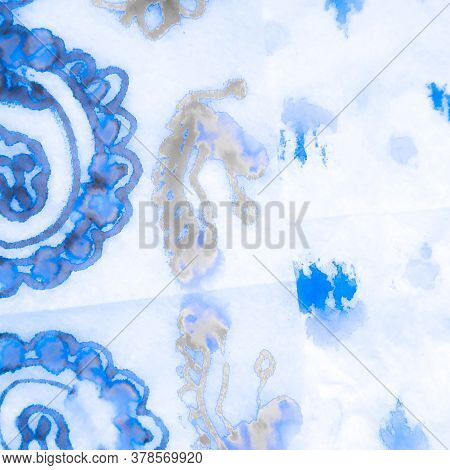 Ice Ornamental Art. Maritime Sea Print. Tye Die Space Indigo Patchwork. Marble Sea Artistic Pattern.