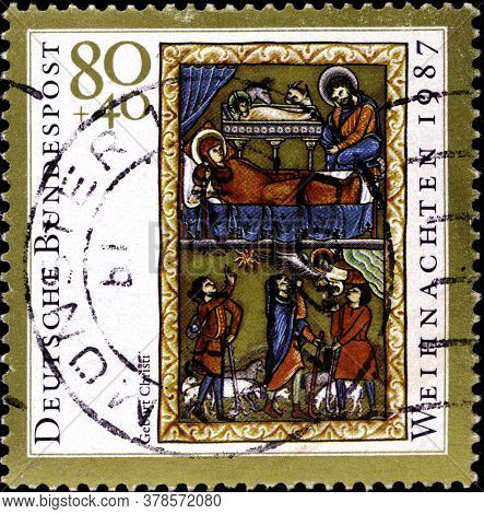 02 09 2020 Divnoe Stavropol Territory Russia The Germany Postage Stamp 1987 Christmas Stamps Illustr