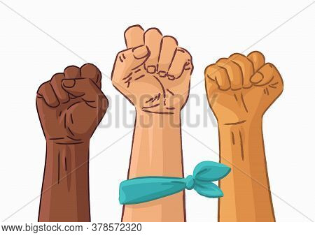 Hand Symbol Of Feminism Movement. Woman Hands With Their Fist Raised Up. Girl Power Sign On White Ba