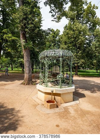 July 20th 2020, Podebrady, Czechia. Eliscin Spring Oppened In 1910 Gush From A Copper Vase Into A Gl