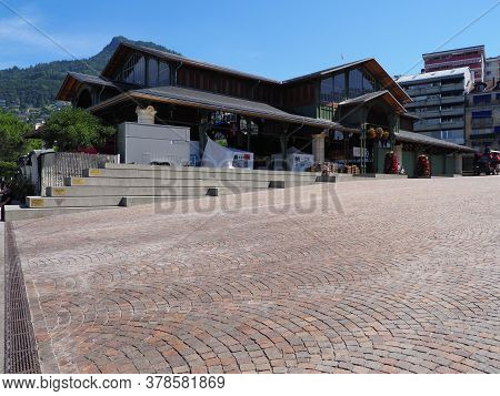 Montreux, Switzerland On July 2017: Wooden Market Hall Building In European City In Canton Vaud, Cle