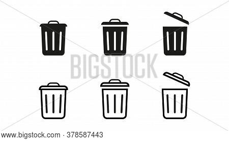 Set Of Trash Bin Icons In Outline And Bold Design. Garbage Rubbish Sign. Recycling Basket Container.