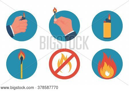 Color Icon Fire And Objects Of Ignition, Lighter And Matches. Items In Hands Are Isolated On White B