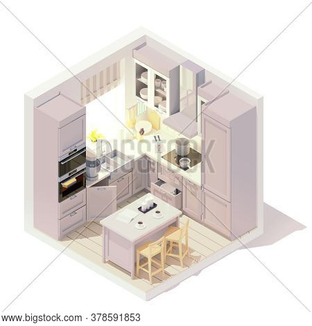 Vector Isometric Kitchen Interior Cross-section With Kitchen Island, Cabinets, Chairs, Other Furnitu
