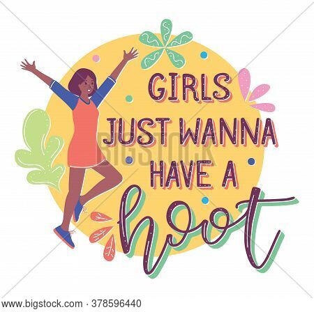 Happy Girl And Text, Vector Illustration In Flat Cartoon Stile With Calligraphic Lettering Compositi