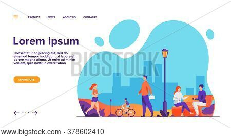 People Relaxing At Park In Summer Flat Vector Illustration. Woman Jogging And Doing Exercise. Couple