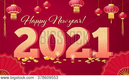 Chinese New Year Congratulation Card, Invitation, Calendar Design With Big 3d 2021 Letters, Traditio