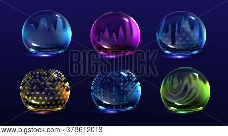 Broken Bubble Shields, Damaged Protection Force Fields. Vector Realistic Set Of Cracked Safety Energ