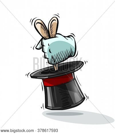 Magical focus trick. Hand of magician gets ears of hare rabbit from top hat cylinder. Hand drawn draft sketch, isolated on white background. 3D illustration.