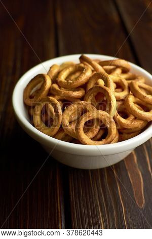 Traditional Russian Small Bagels In Ceramic Bowl On Dark Rustic Table