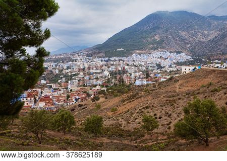 View Of Chefchaouen Town From The Mountains, Morocco. Medina Of Blue City. Chefchaouen's Blue Walls 