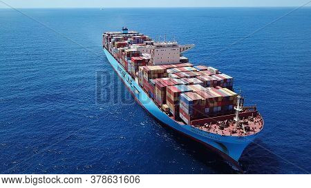 Mediterranean Sea - June 25, 2020: Maersk Hidalgo Mega Container Ship. Ulcv Fully Loaded With Freigh