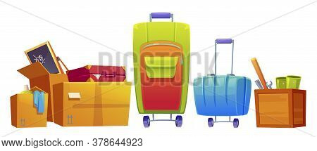 Set Of Old Things Luggage, Suitcase And Baggage Bags, Kids Blackboard, Wrench, Bat And Detergent In 