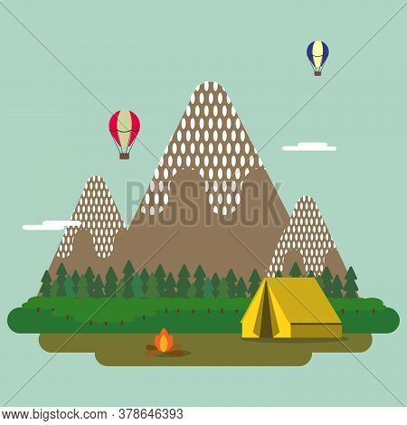 An Illustration Of A Camp. Camping Yellow Tent And Camp Fire With Mountains And Trees And Colorful B