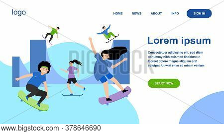 Fun Extreme Skateboard Park Flat Vector Illustration. Cartoon Teenagers Jumping And Doing Tricks Wit
