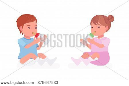 Toddler Child, Little Boy And Girl Drinking From Bottle For Nutrition. Cute Sweet Happy Healthy Baby