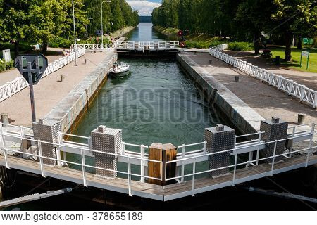 Asikkala, Finland - 16 July 2020: Vaaksy Canal Between Two Big Lakes Vesijarvi And Paijanne. Gateway