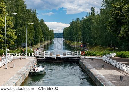Asikkala, Finland - 16 July 2020: Vaaksy Canal Between Two Big Lakes Vesijarvi And Paijanne. Gateway