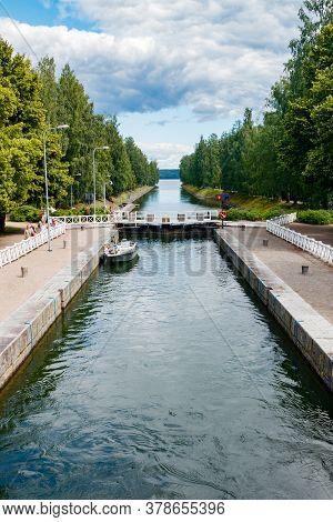 Asikkala, Finland - 16 July 2020: Vaaksy Canal Between Two Big Lakes Vesijarvi And Paijanne. Gateway