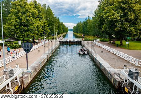 Asikkala, Finland - 16 July 2020: Vaaksy Canal Between Two Big Lakes Vesijarvi And Paijanne. Gateway