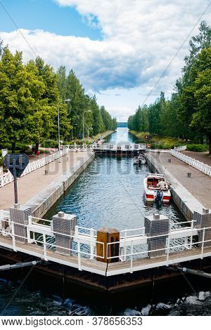 Asikkala, Finland - 16 July 2020: Vaaksy Canal Between Two Big Lakes Vesijarvi And Paijanne. Gateway
