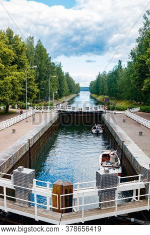 Asikkala, Finland - 16 July 2020: Vaaksy Canal Between Two Big Lakes Vesijarvi And Paijanne. Gateway
