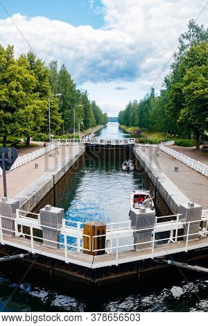 Asikkala, Finland - 16 July 2020: Vaaksy Canal Between Two Big Lakes Vesijarvi And Paijanne. Gateway