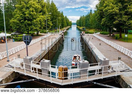 Asikkala, Finland - 16 July 2020: Vaaksy Canal Between Two Big Lakes Vesijarvi And Paijanne. Gateway