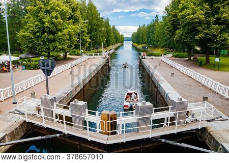 Asikkala, Finland - 16 July 2020: Vaaksy Canal Between Two Big Lakes Vesijarvi And Paijanne. Gateway