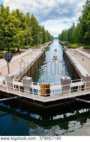 Asikkala, Finland - 16 July 2020: Vaaksy Canal Between Two Big Lakes Vesijarvi And Paijanne. Gateway