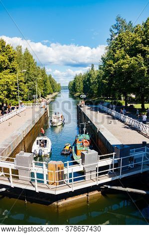 Asikkala, Finland - 16 July 2020: Vaaksy Canal Between Two Big Lakes Vesijarvi And Paijanne. Gateway
