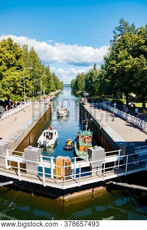 Asikkala, Finland - 16 July 2020: Vaaksy Canal Between Two Big Lakes Vesijarvi And Paijanne. Gateway