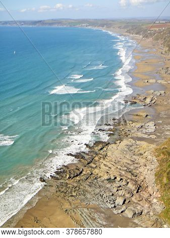 Aerial View Of Whitsand Bay In Cornwall
