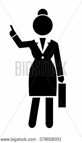 Business Lady Point With Finger Up Gesture At Something. Black And White Logo Portrait With Business