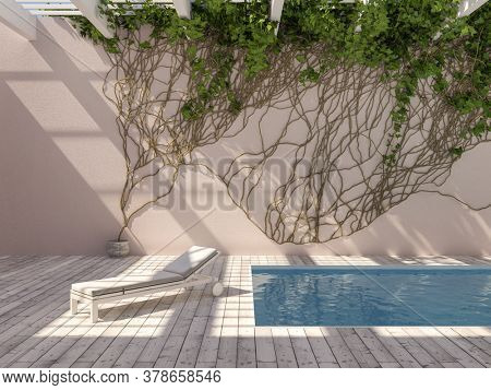 Rooftop swimming pool with wall climbing plant and lounger, 3D illustration, rendering.