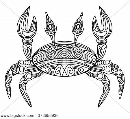 Crab Vector Illustration, Stylized, Black Outline Trim, Ornate, Decorative Crab Line Art With Black 