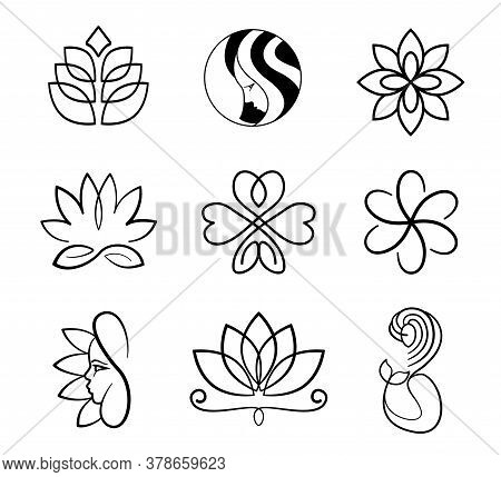 Vector, Lily, Lotus, Mermaid, Woman Face And Flowers Black Outline Logo Set For Spa Ad Beauty Saloon