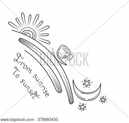 From Sunset To Sunrise, Lettering, Coffee Illustration Pattern Trim, With Coffee Mug Sun And Moon On