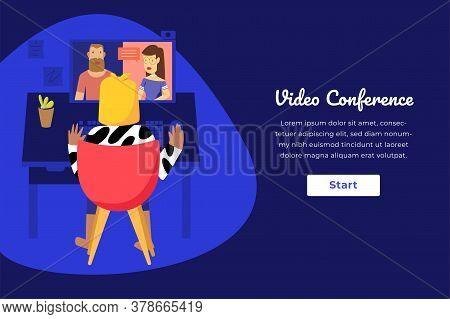 Web Template Dark Mode Design. Home Working Woman Making Video Conference.