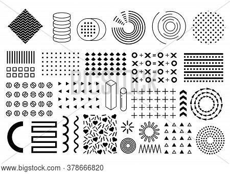 Vector Memphis Set, Collection Of Flat Design Elements, Circles, Pluses, Arrows, Triangles, Patterns