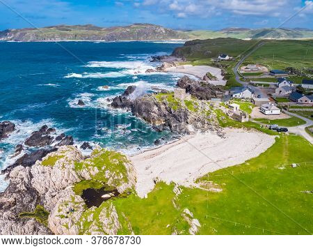 Aerial View Of The Beautiful Coast Next To Carrickabraghy Castle - Isle Of Doagh, Inishowen, County 