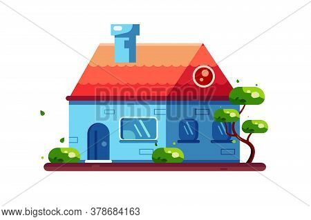 Modern And Stylish Private House With Windows And Chimney, With Garden, Isolated On White Background
