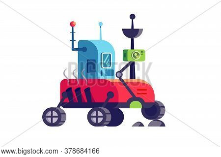 Unusual And Stylish Mars Or Moon Rover With Exhaust Pipes, Camers And Control Booth Isolated On Whit